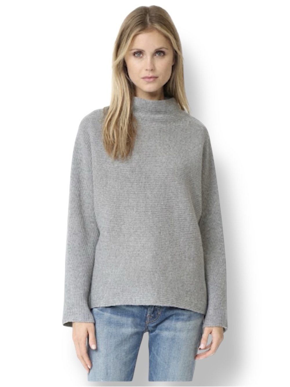 Vince Horizontal Rib Cashmere & Wool Mock Neck Cropped Sweater Heather Grey XS